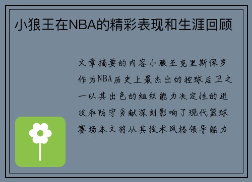 小狼王在NBA的精彩表现和生涯回顾